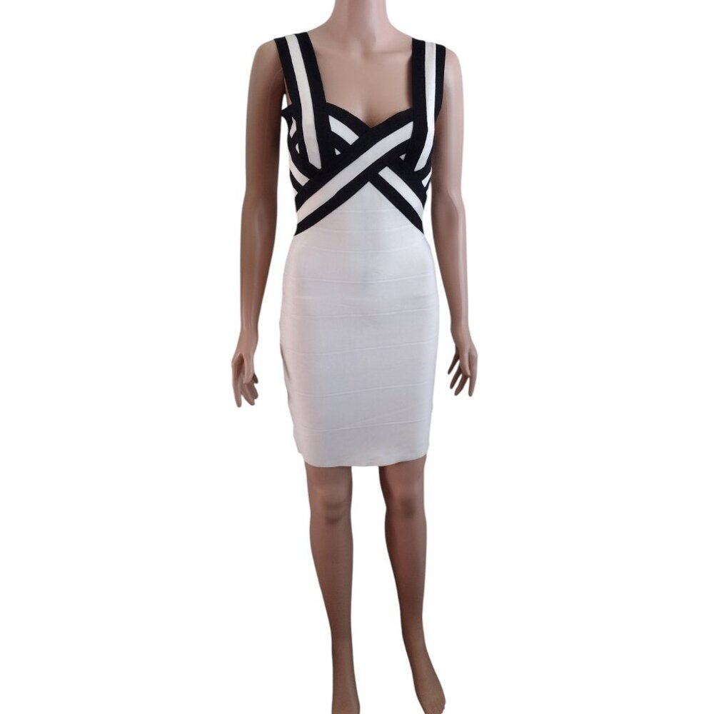 Rachael G Stretch Strappy Dress, White with Black, Size S. - Picture 2 of 13